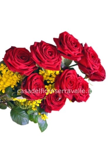Mazzo di rose rosse a gambo lungo, con mimosa ( 3 rose rosse)